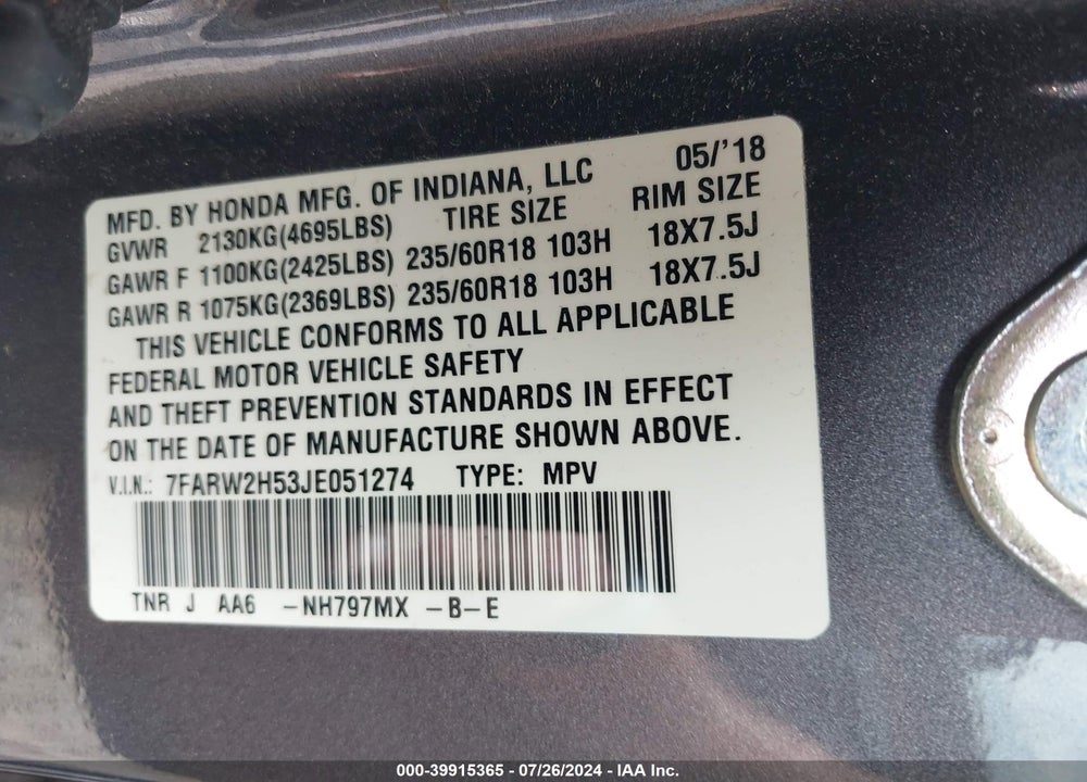 2018 HONDA CR-V EX VIN: 7FARW2H53JE051274