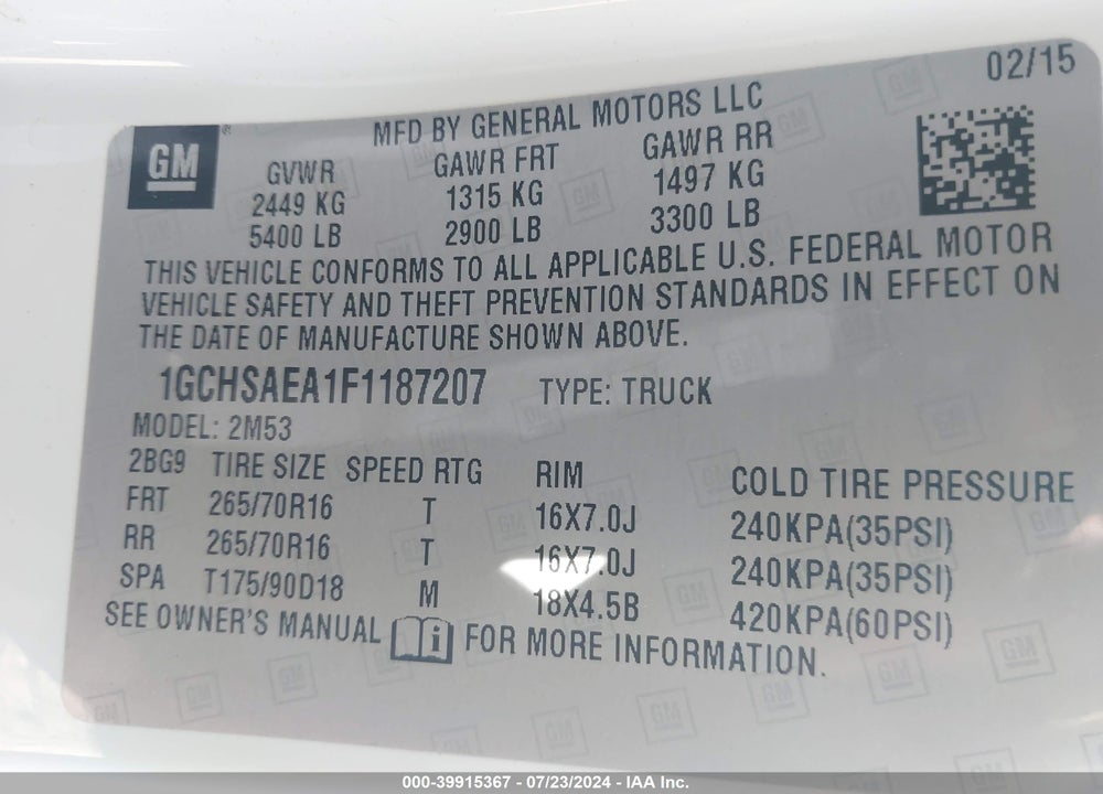 2015 CHEVROLET COLORADO WT VIN: 1GCHSAEA1F1187207
