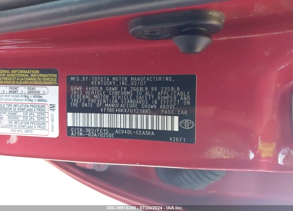 2007 TOYOTA CAMRY SE VIN: 4T1BE46KX7U121885