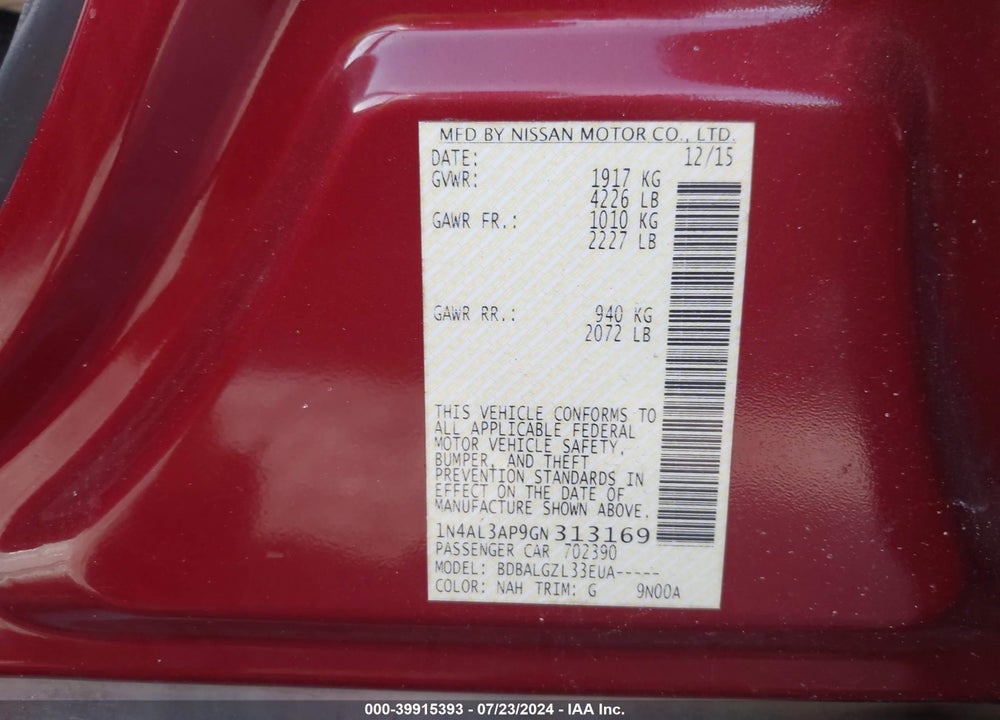 2016 NISSAN ALTIMA VIN: 1N4AL3AP9GN313169
