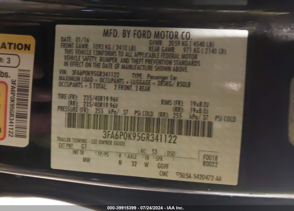 2016 FORD FUSION TITANIUM VIN: 3FA6P0K95GR341122
