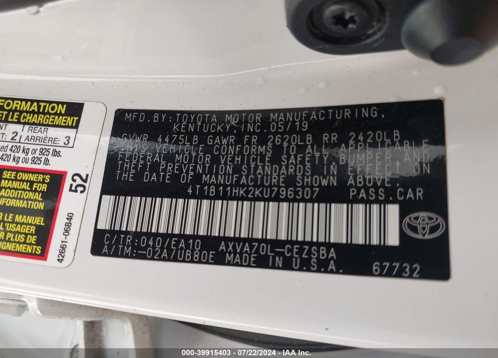 2019 TOYOTA CAMRY SE VIN: 4T1B11HK2KU796307