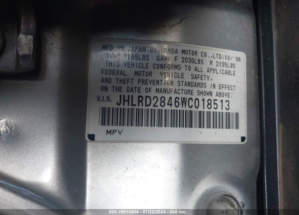 1998 HONDA CR-V LX VIN: JHLRD2846WC018513