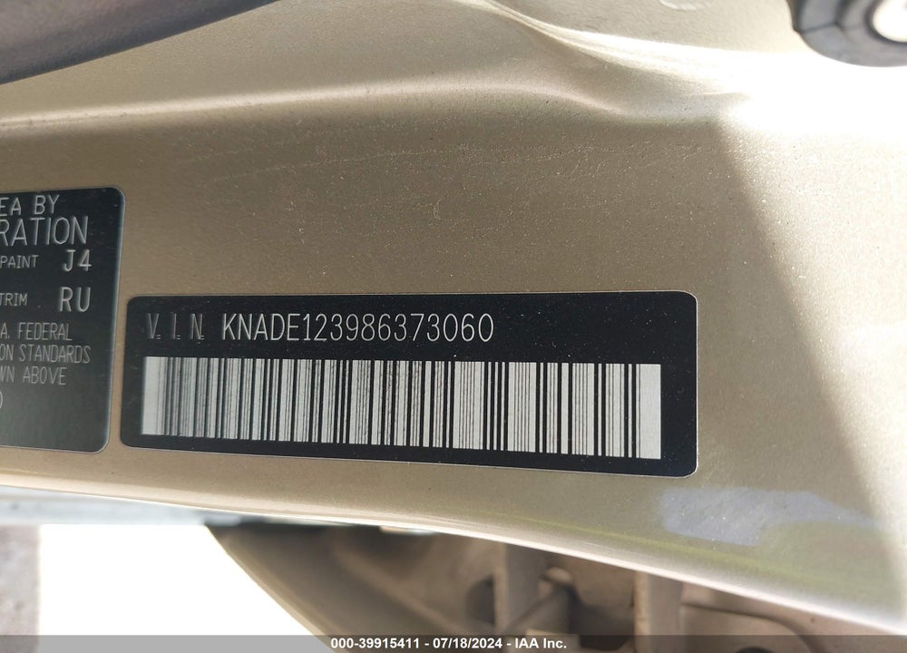 2008 KIA RIO LX VIN: KNADE123986373060