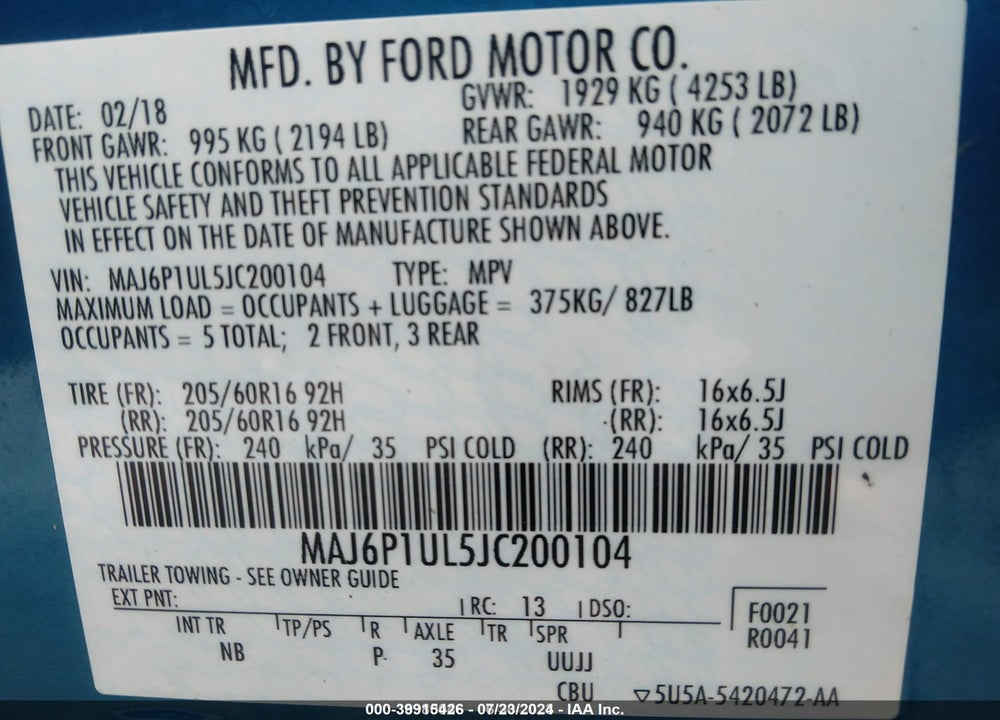 2018 FORD ECOSPORT SE VIN: MAJ6P1UL5JC200104