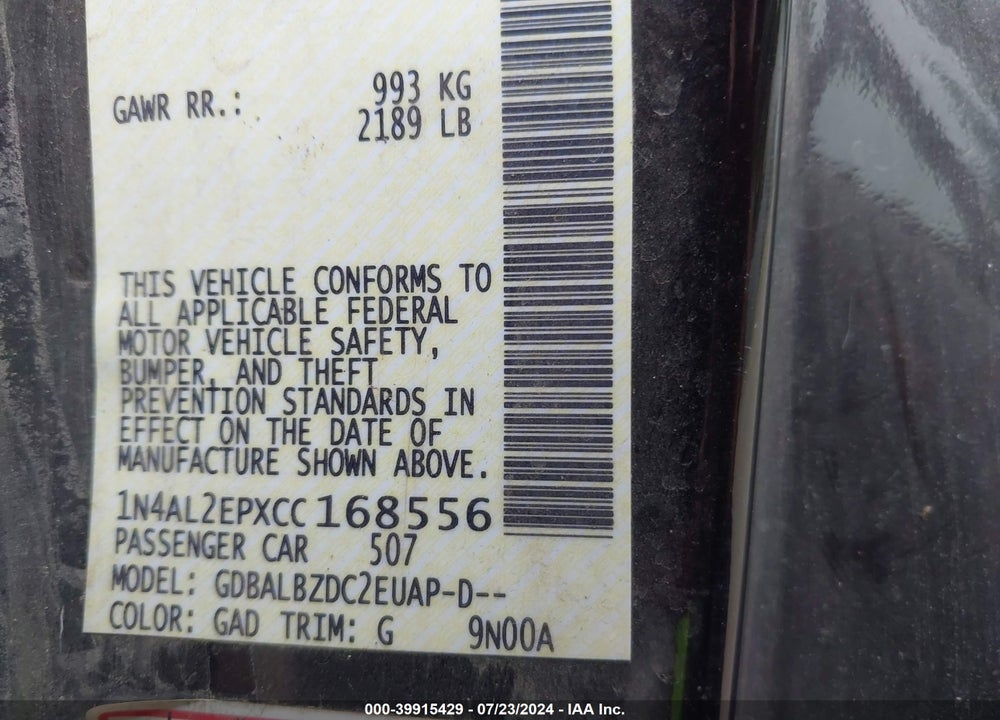 2012 NISSAN ALTIMA 2.5 S VIN: 1N4AL2EPXCC168556