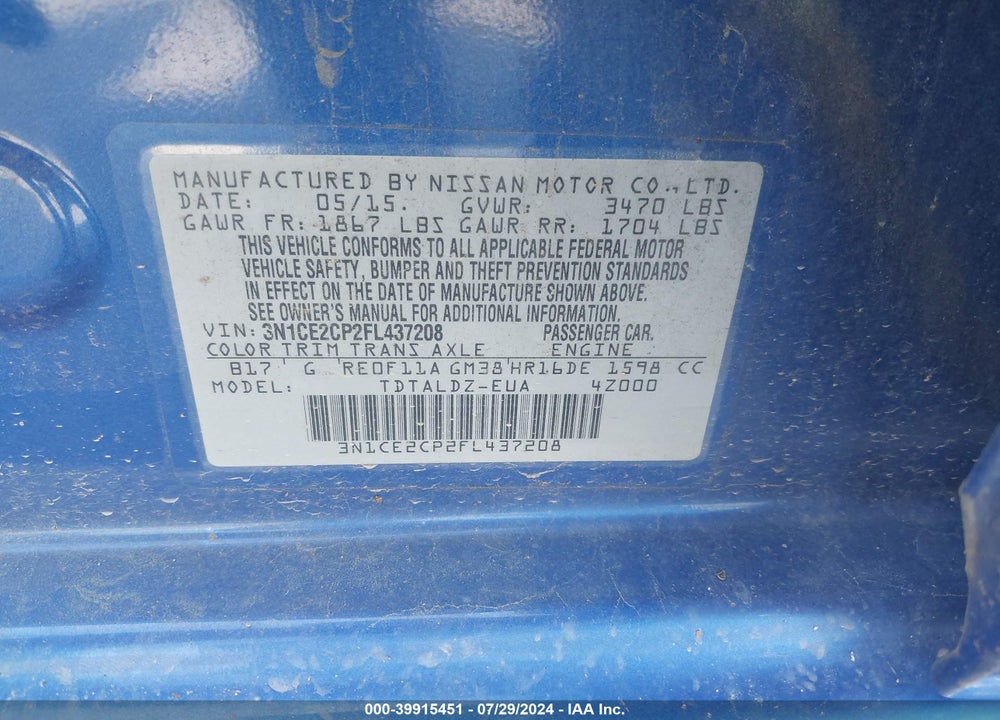 2015 NISSAN VERSA NOTE VIN: 3N1CE2CP2FL437208