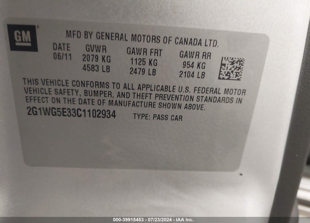 2012 CHEVROLET IMPALA LT VIN: 2G1WG5E33C1102934