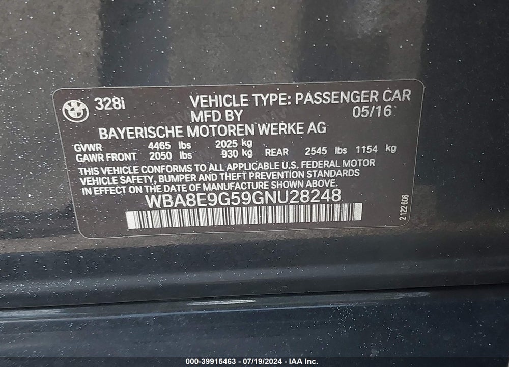 2016 BMW 328I VIN: WBA8E9G59GNU28248