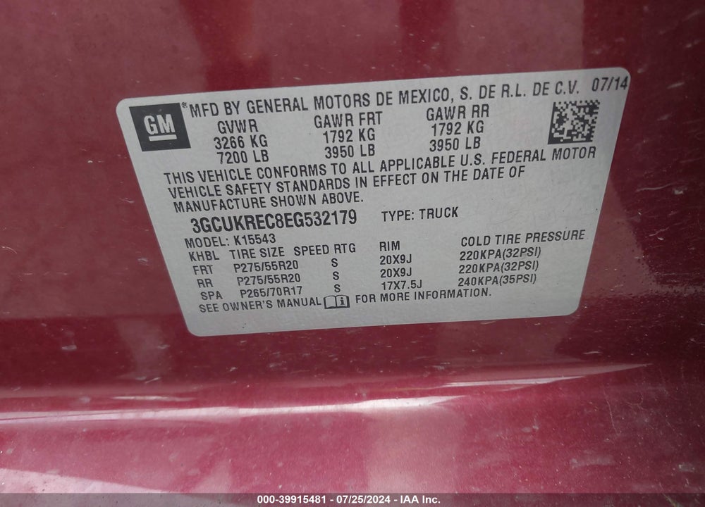 2014 CHEVROLET SILVERADO 1500 1LT VIN: 3GCUKREC8EG532179