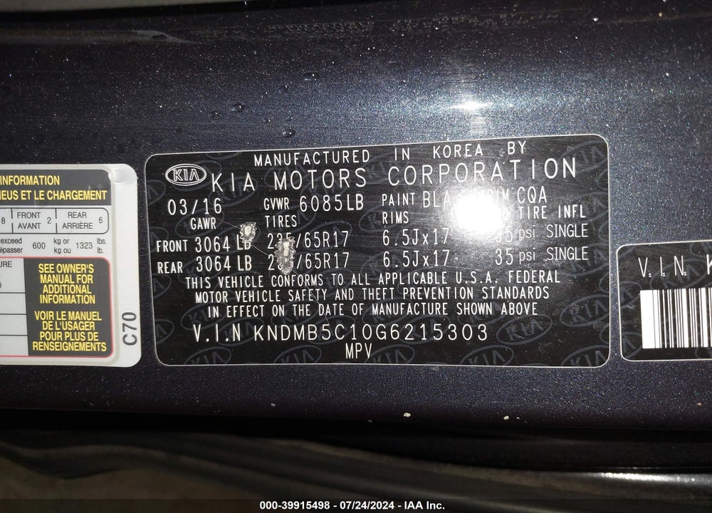 2016 KIA SEDONA LX VIN: KNDMB5C10G6215303
