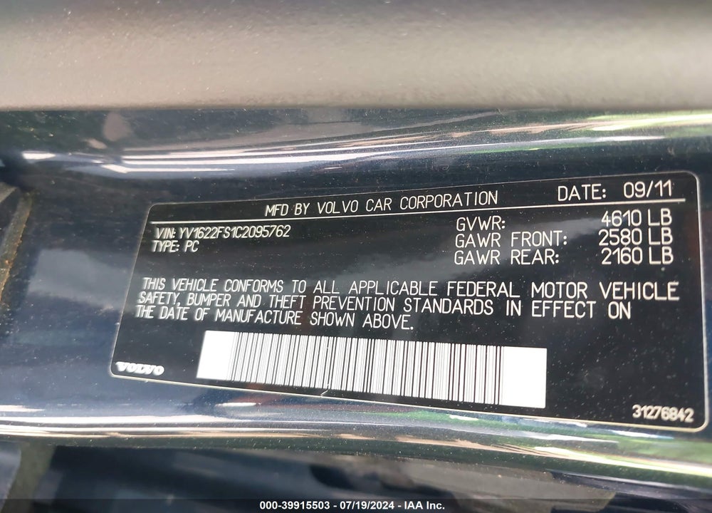 2012 VOLVO S60 T5 VIN: YV1622FS1C2095762