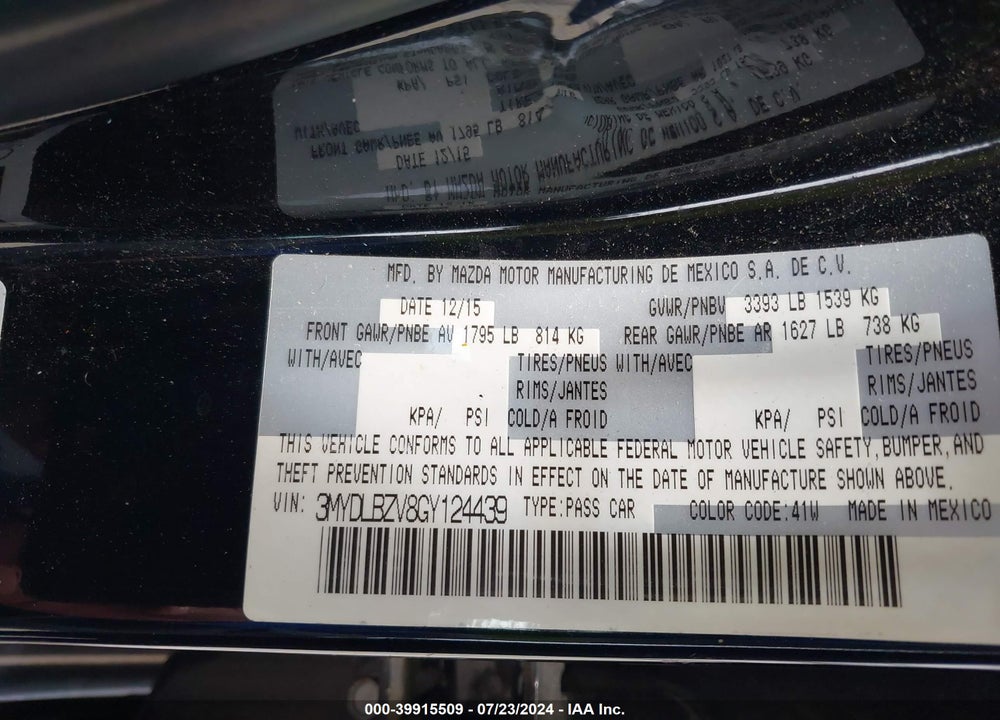 2016 SCION IA VIN: 3MYDLBZV8GY124439