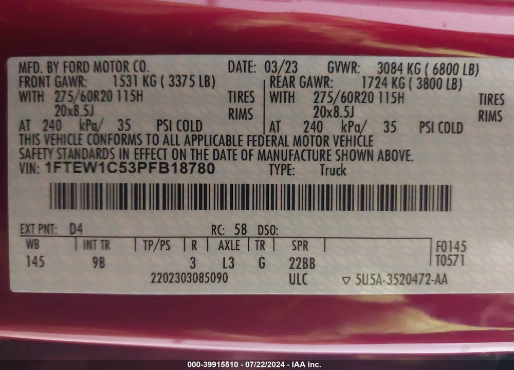 2023 FORD F-150 PLATINUM VIN: 1FTEW1C53PFB18780