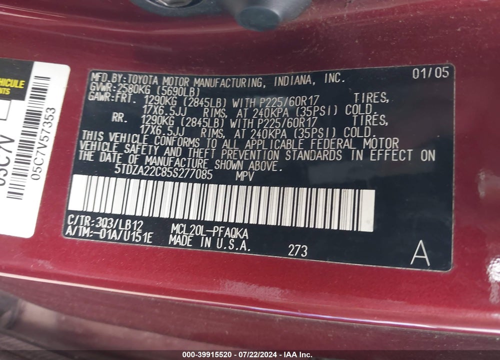 2005 TOYOTA SIENNA XLE VIN: 5TDZA22C85S277085