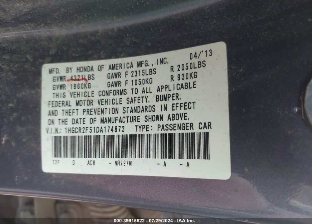 2013 HONDA ACCORD SPORT VIN: 1HGCR2F51DA174873