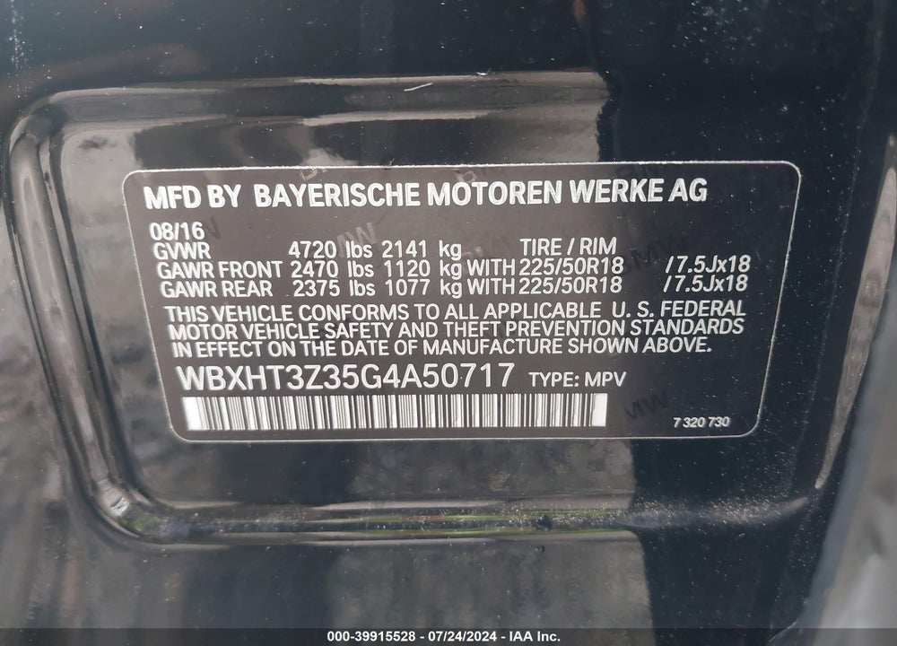 2016 BMW X1 VIN: WBXHT3Z35G4A50717