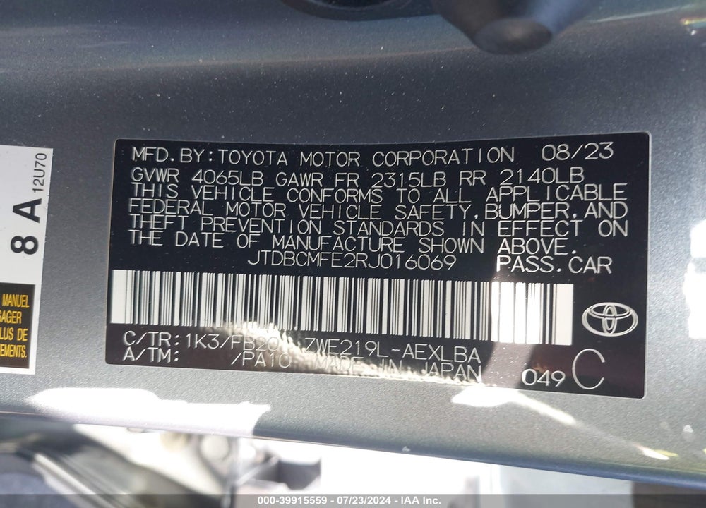 2024 TOYOTA COROLLA HYBRID LE VIN: JTDBCMFE2RJ016069