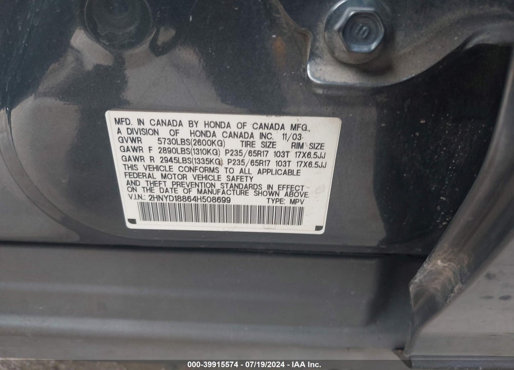 2004 ACURA MDX VIN: 2HNYD18864H508699