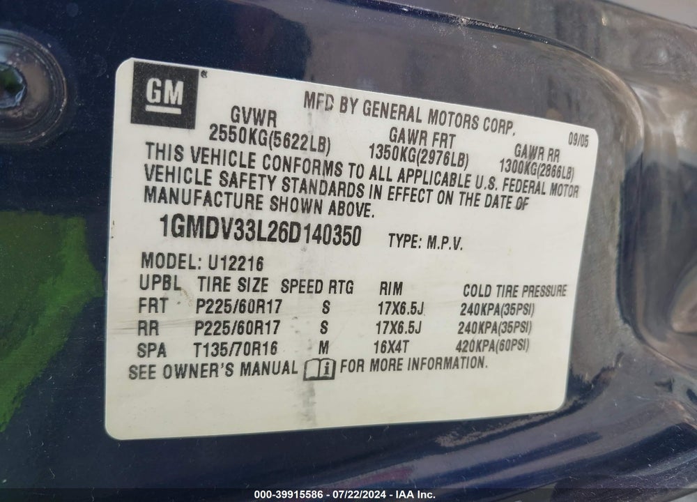 2006 PONTIAC MONTANA SV6 VIN: 1GMDV33L26D140350