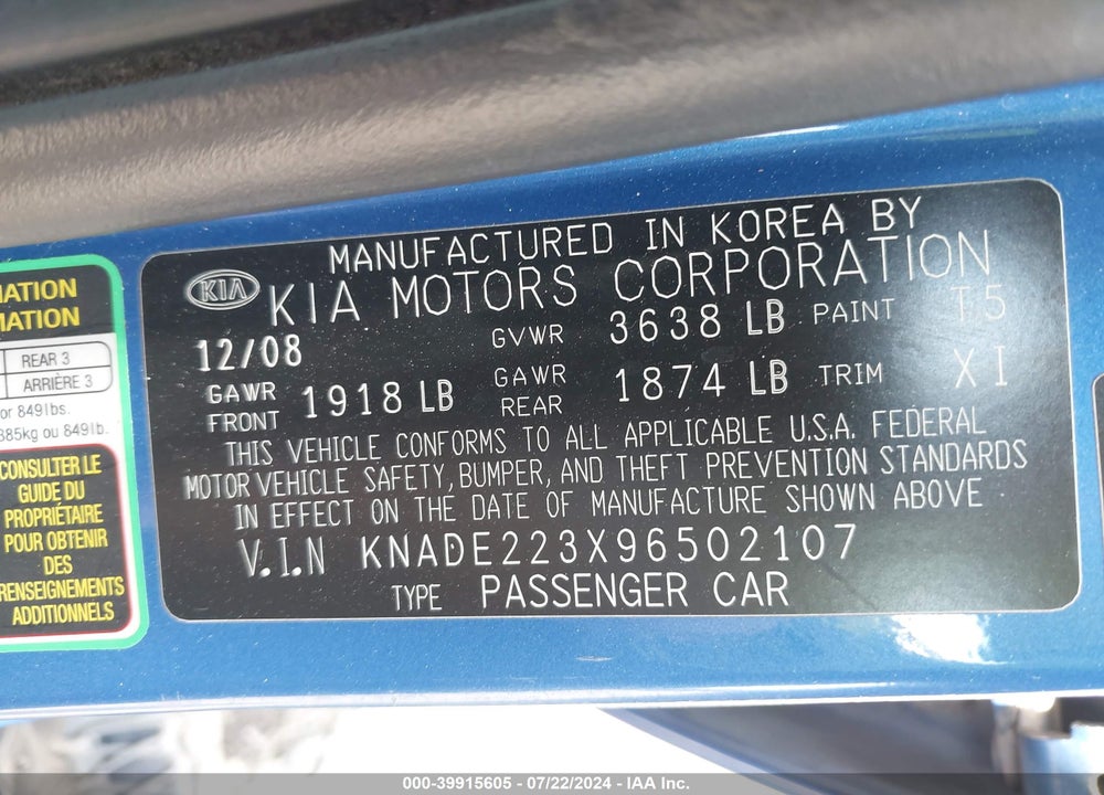 2009 KIA RIO LX VIN: KNADE223X96502107