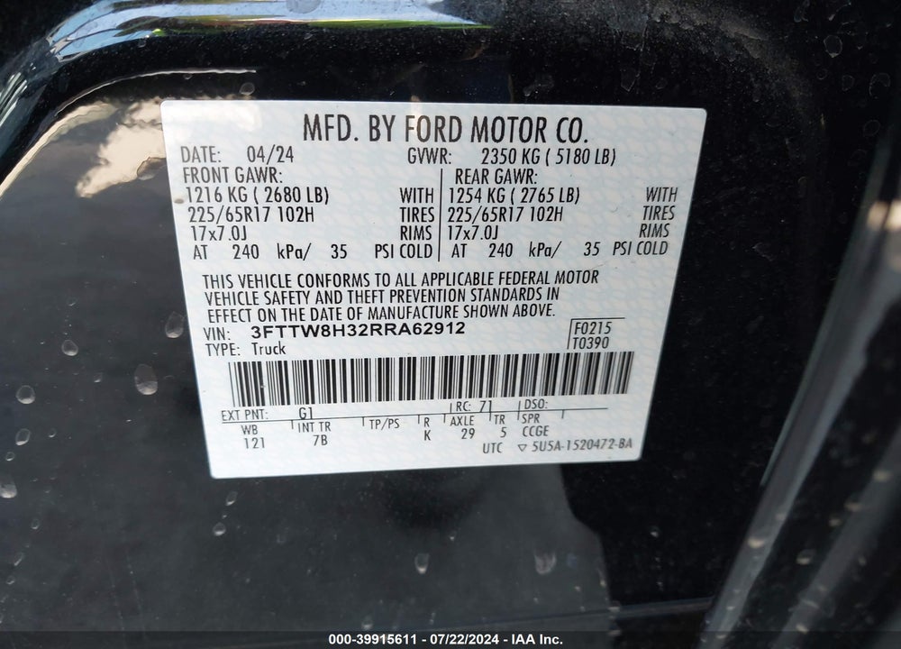 2024 FORD MAVERICK XLT VIN: 3FTTW8H32RRA62912
