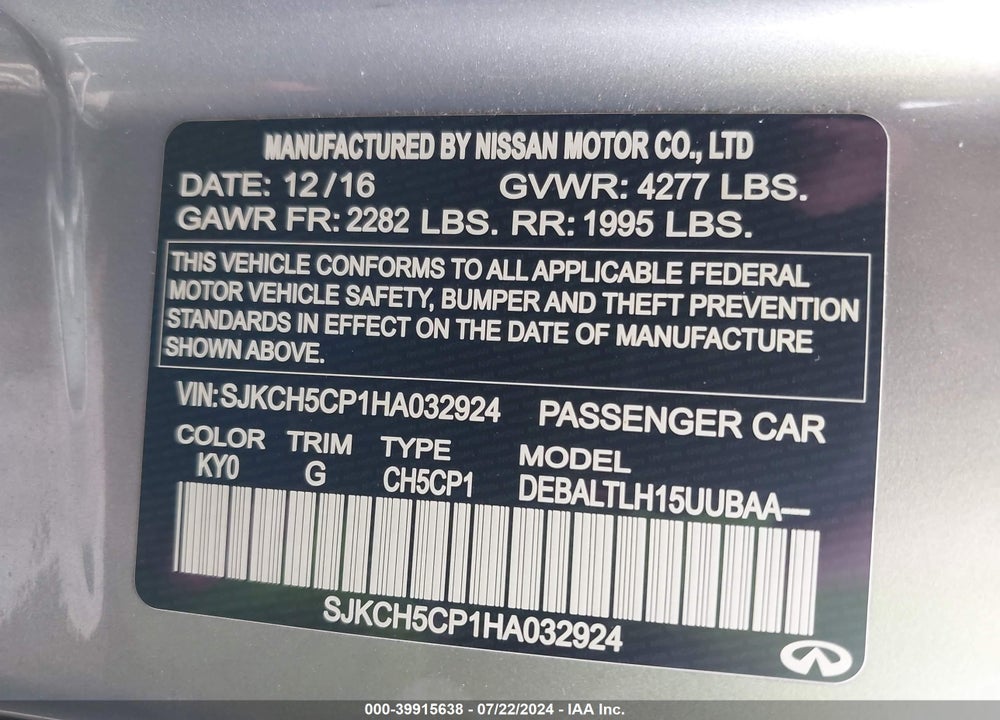 2017 INFINITI QX30 SPORT VIN: SJKCH5CP1HA032924