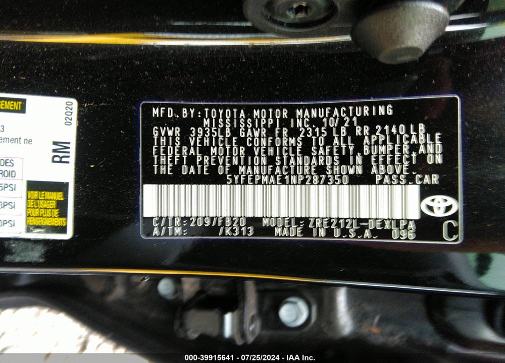 2022 TOYOTA COROLLA LE VIN: 5YFEPMAE1NP287350