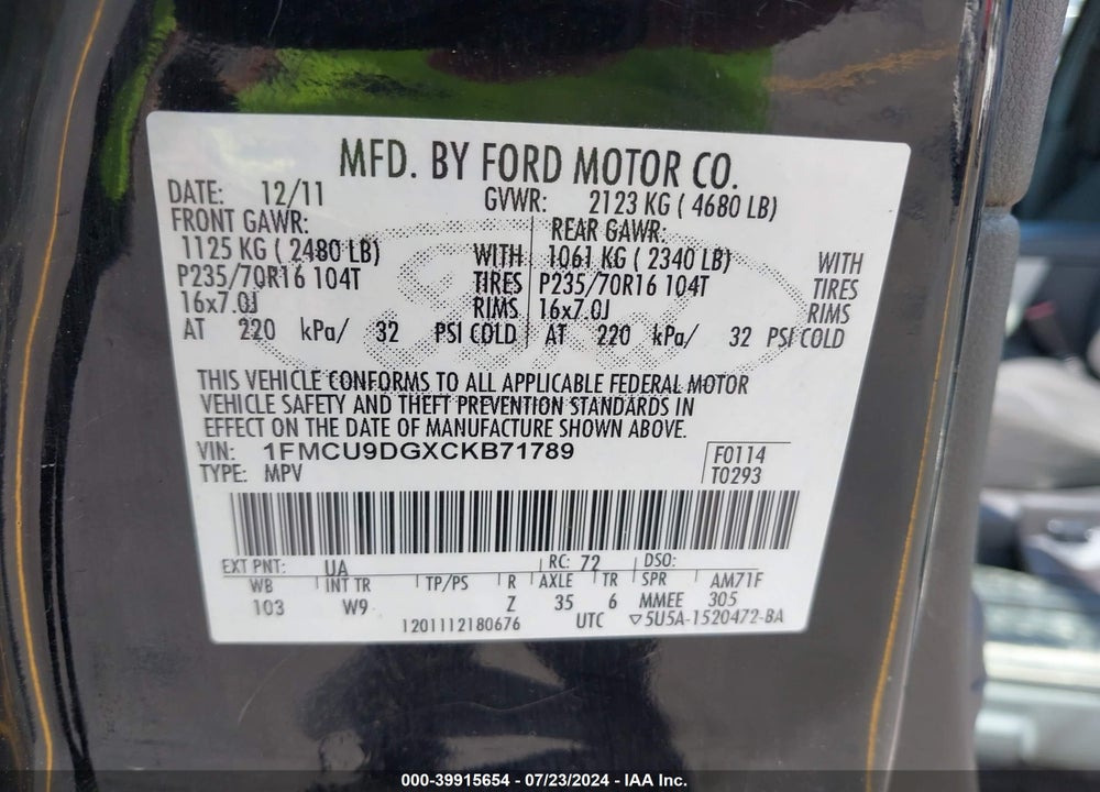 2012 FORD ESCAPE XLT VIN: 1FMCU9DGXCKB71789