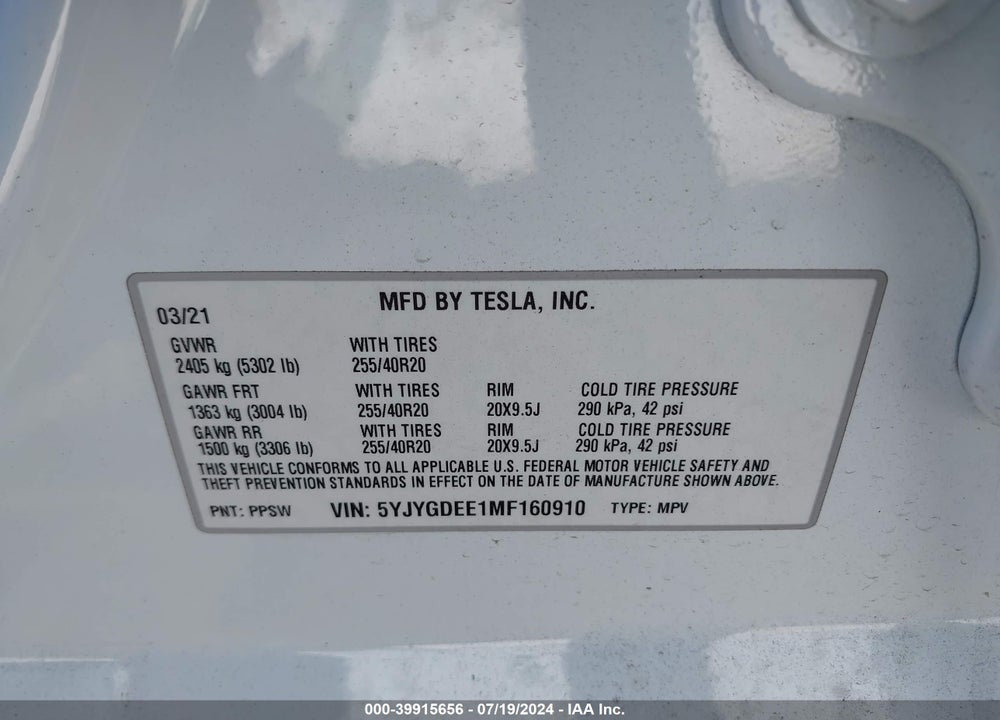 2021 TESLA MODEL Y LONG RANGE DUAL MOTOR ALL-WHEEL DRIVE VIN: 5YJYGDEE1MF160910