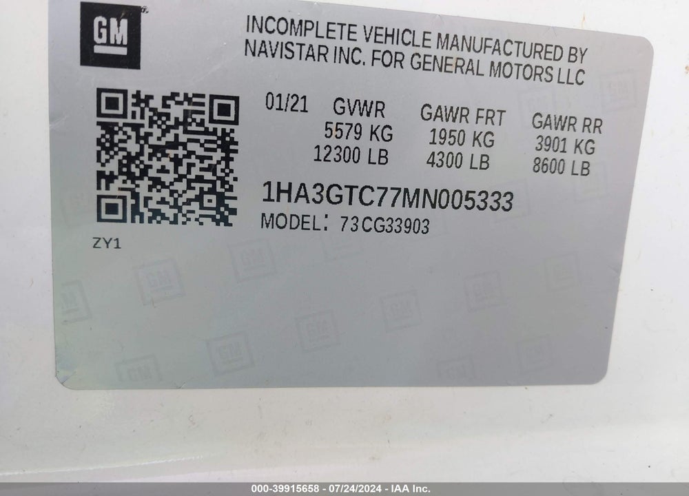 2021 CHEVROLET EXPRESS CUTAWAY WORK VAN VIN: 1HA3GTC77MN005333