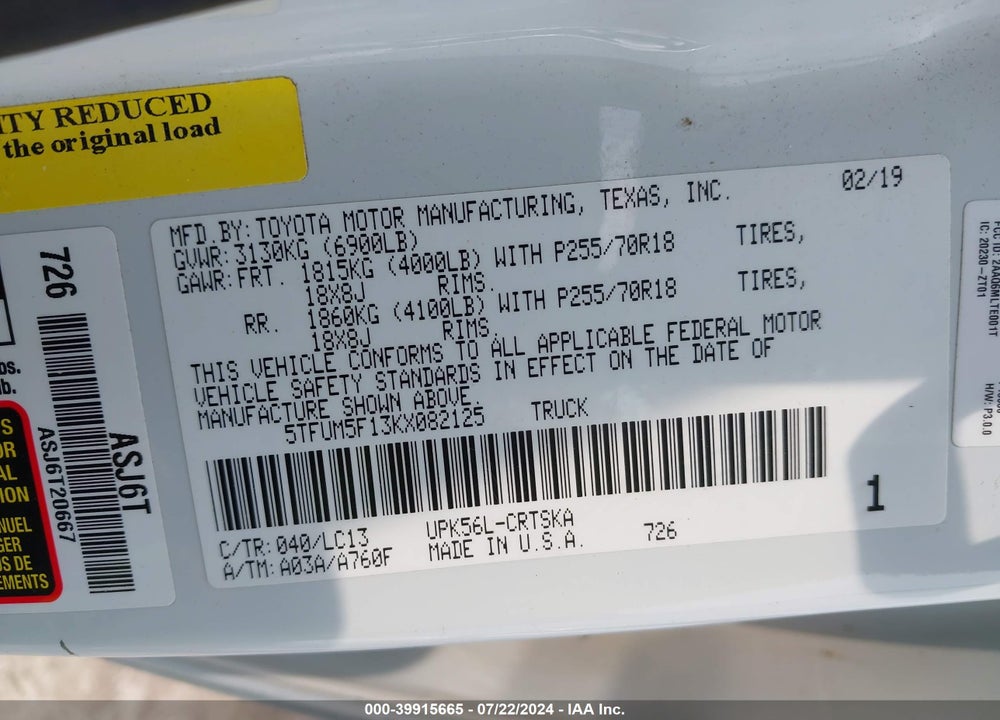2019 TOYOTA TUNDRA SR 4.6L V8 VIN: 5TFUM5F13KX082125