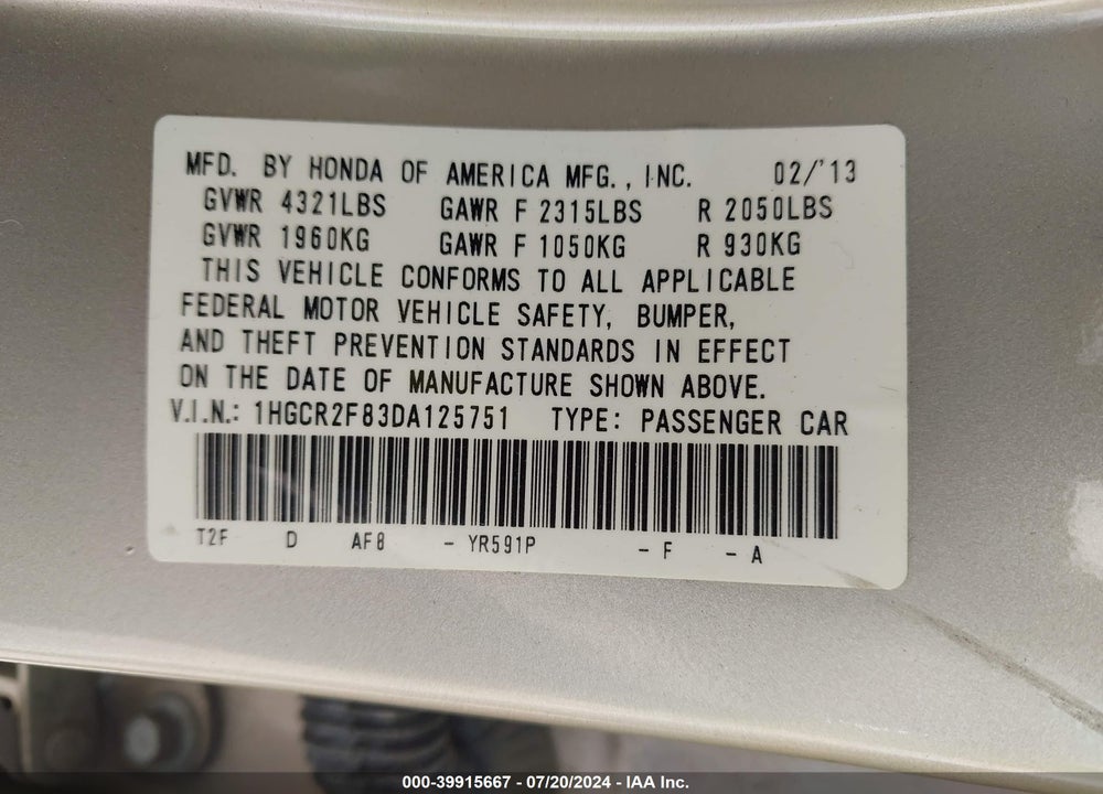 2013 HONDA ACCORD EX-L VIN: 1HGCR2F83DA125751