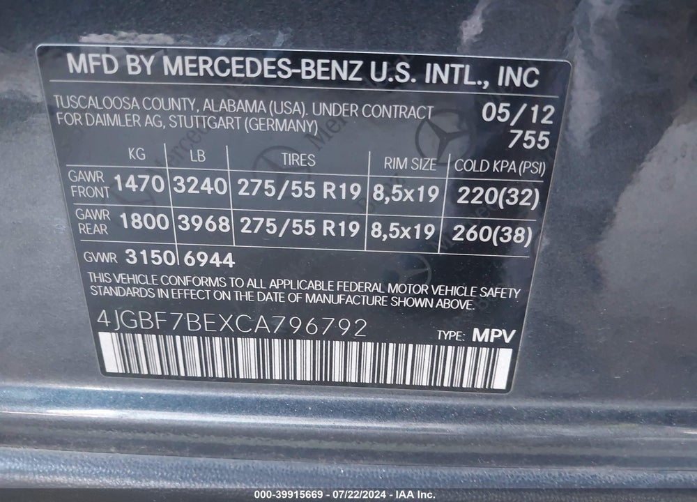 2012 MERCEDES-BENZ GL 450 4MATIC VIN: 4JGBF7BEXCA796792