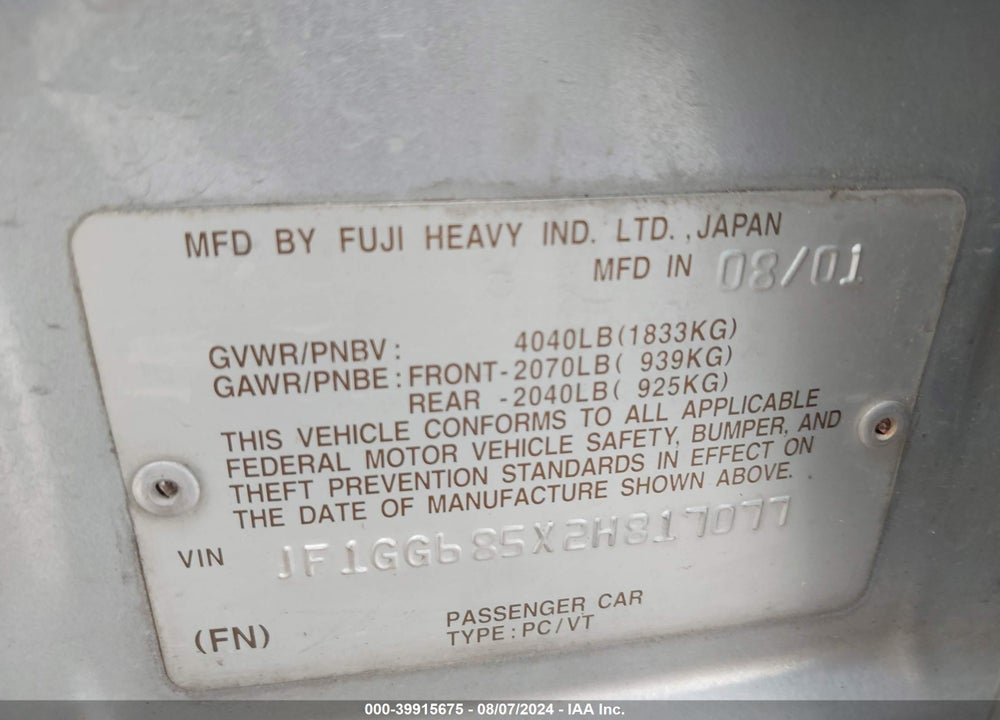 2002 SUBARU IMPREZA OUTBACK SPORT VIN: JF1GG685X2H817077