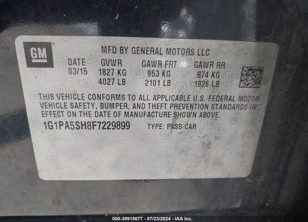 2015 CHEVROLET CRUZE LS AUTO VIN: 1G1PA5SH8F7229899