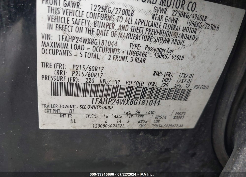 2008 FORD TAURUS VIN: 1FAHP24WX8G181044