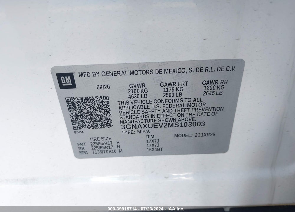 2021 CHEVROLET EQUINOX AWD LT VIN: 3GNAXUEV2MS103003