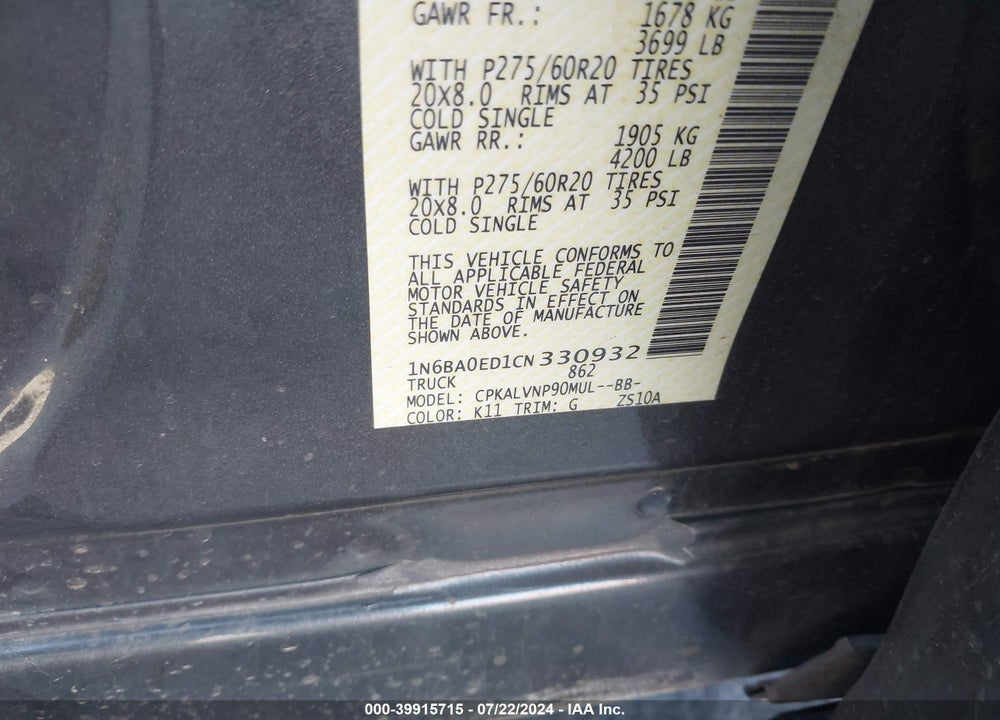 2012 NISSAN TITAN SL VIN: 1N6BA0ED1CN330932