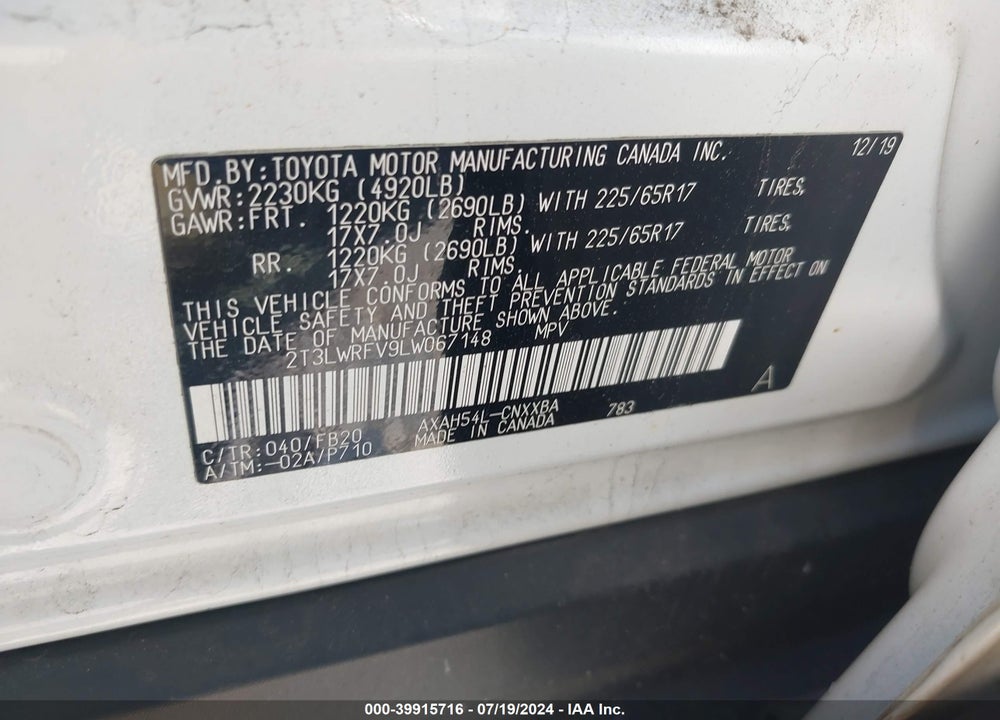 2020 TOYOTA RAV4 HYBRID LE VIN: 2T3LWRFV9LW067148