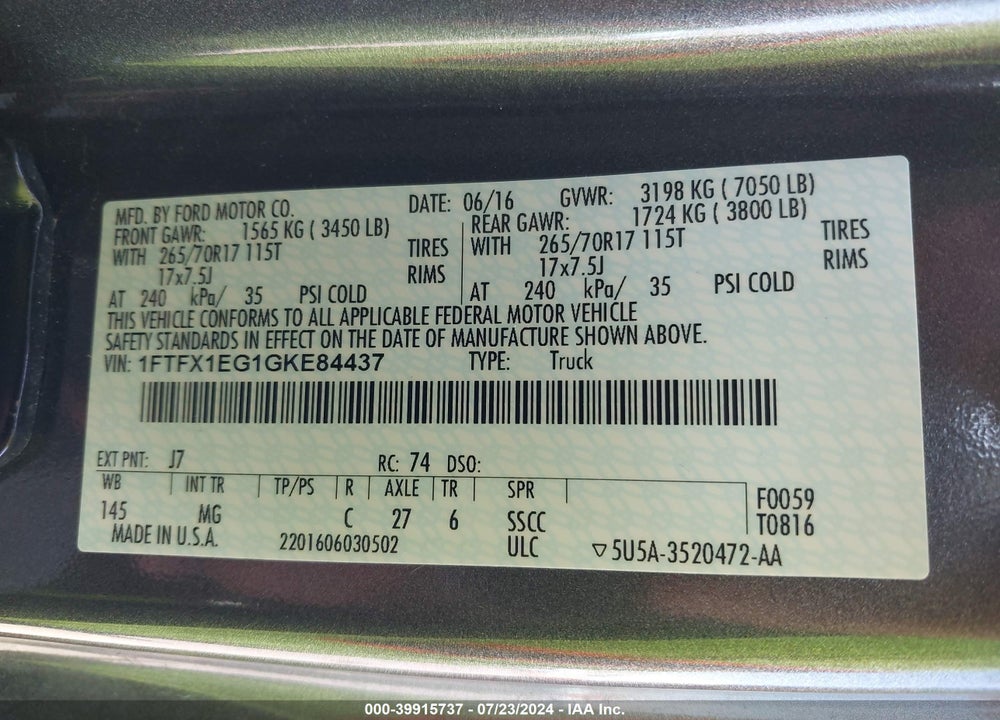2016 FORD F-150 VIN: 1FTFX1EG1GKE84437