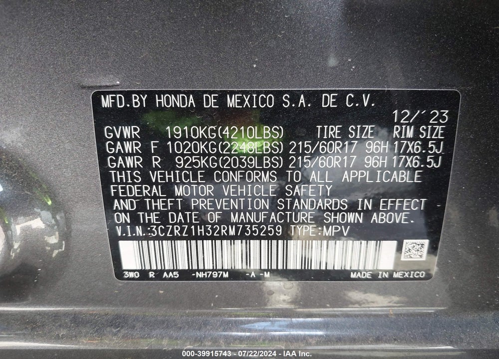 2024 HONDA HR-V 2WD LX VIN: 3CZRZ1H32RM735259