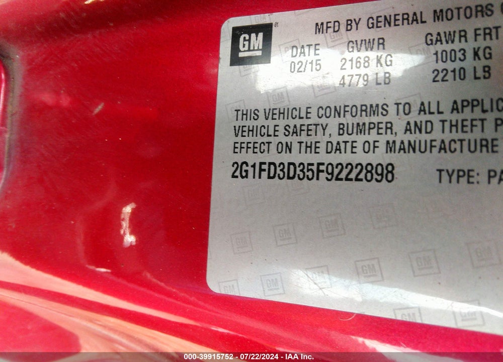 2015 CHEVROLET CAMARO 1LT VIN: 2G1FD3D35F9222898