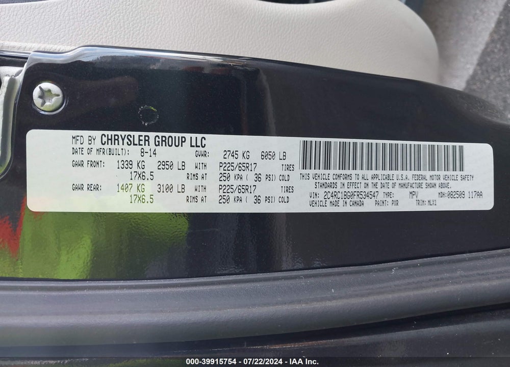 2015 CHRYSLER TOWN & COUNTRY TOURING VIN: 2C4RC1BG0FR534547