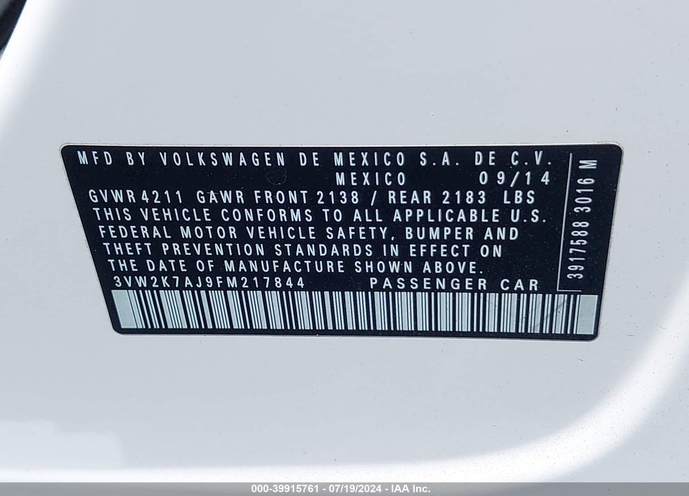 2015 VOLKSWAGEN JETTA 2.0L S VIN: 3VW2K7AJ9FM217844