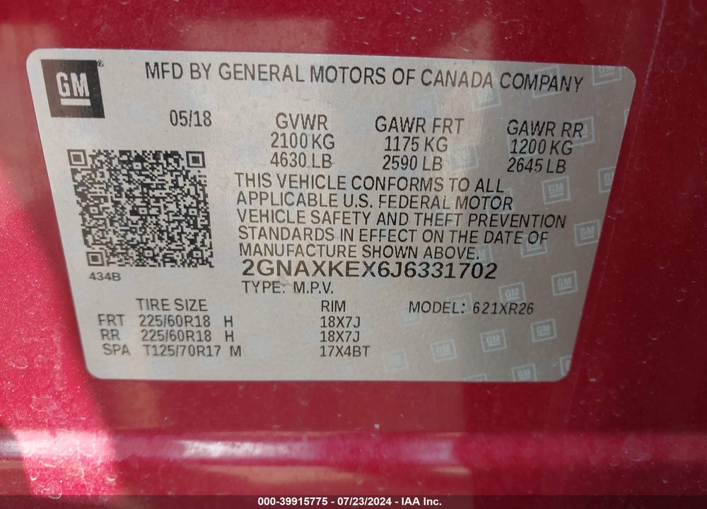 2018 CHEVROLET EQUINOX LT VIN: 2GNAXKEX6J6331702