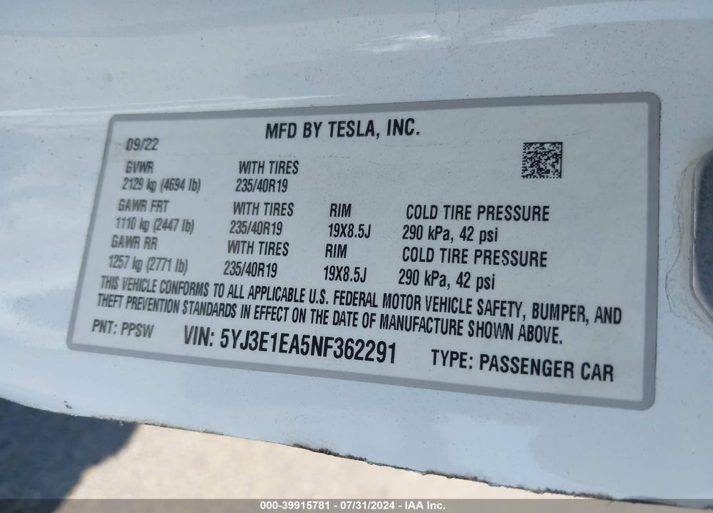 2022 TESLA MODEL 3 REAR-WHEEL DRIVE VIN: 5YJ3E1EA5NF362291