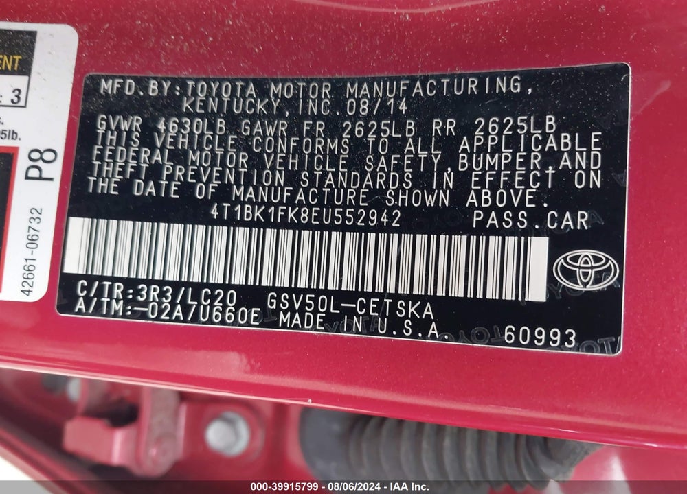 2014 TOYOTA CAMRY SE V6 VIN: 4T1BK1FK8EU552942
