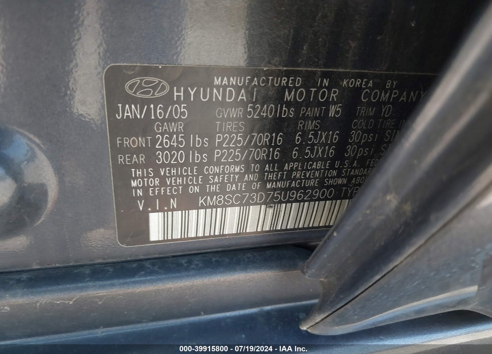 2005 HYUNDAI SANTA FE GLS VIN: KM8SC73D75U962900
