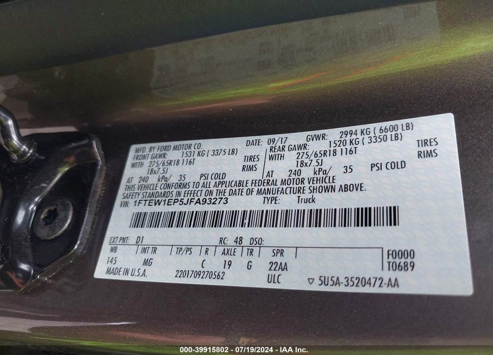 2018 FORD F-150 XLT VIN: 1FTEW1EP5JFA93273